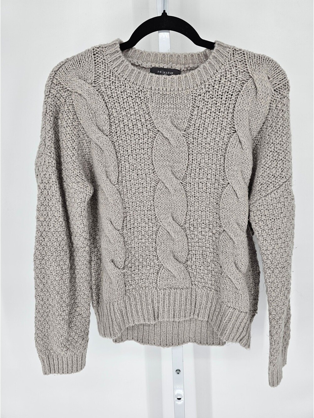 Primark Womens Sz M Crew Neck Thick Cable Knit Sweater Taupe